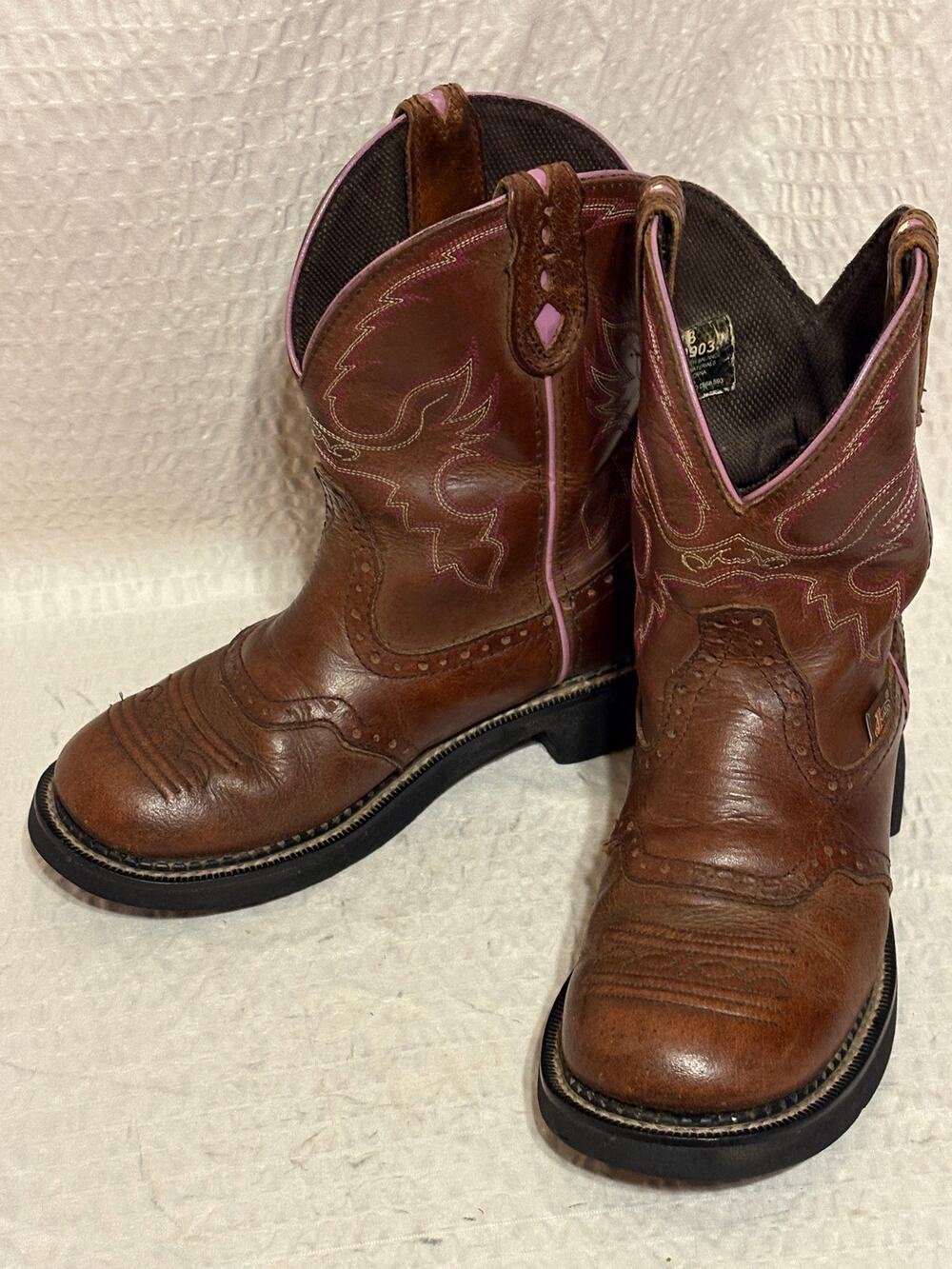 Justin Gypsy Women’s Size 7 Brown Leather Lilac Trim Western Cowboy Boots